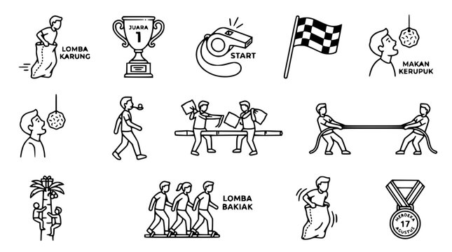 Indonesian Independence Day Games Icons: Sack Race, Tug of War, Krupuk Eating