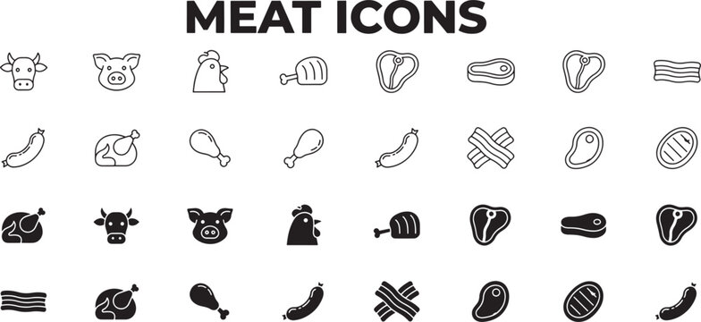 Meat icons collection featuring various farm animals and raw protein food cuts for restaurant menu design and grocery store branding in black outline style.