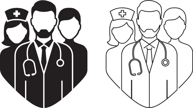 Team of doctors and medical professionals wearing scrubs and stethoscopes representing healthcare team collaboration and medical staff support.