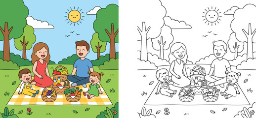 Fototapeta premium Cartoon family picnic coloring page and colorful vector illustration. Happy parents with kids enjoying outdoor picnic in the park with fruit basket.