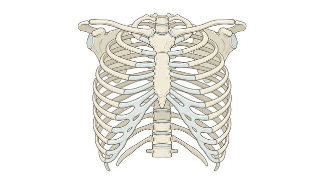 Human thorax skeleton with clavicle scapula and rib cage shown in frontal medical view.