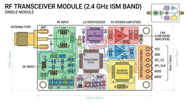 Technical diagram for 2.4 ghz radio frequency transceiver module with labeled components.