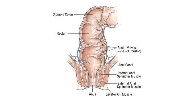 Anatomical illustration showing structure of human rectum and valves of houston for health.