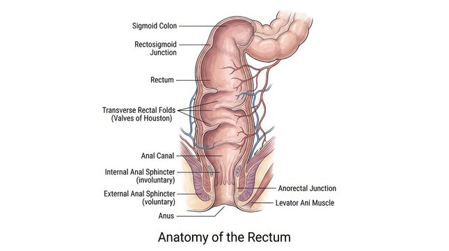 Educational medical diagram showing human rectal anatomy with internal and external muscles.