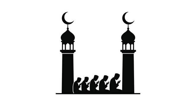 Mosque Silhouette With Crescent Moons And Praying Figures Silhouette