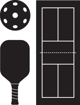 Pickleball set including racket ball and court diagram illustration isolated on gray checkerboard background vector graphic for sports design projects logo art.