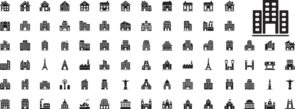 Comprehensive collection of urban building icons including residential houses skyscrapers landmarks and industrial architecture for city planning graphic design.