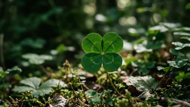 Four leaf clover growing in a forest ground