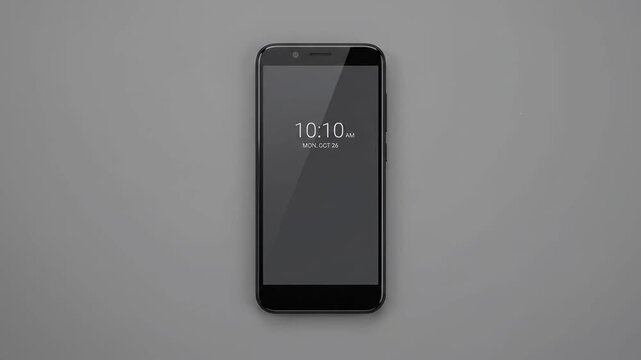Modern black smartphone displaying digital clock on minimalist grey background