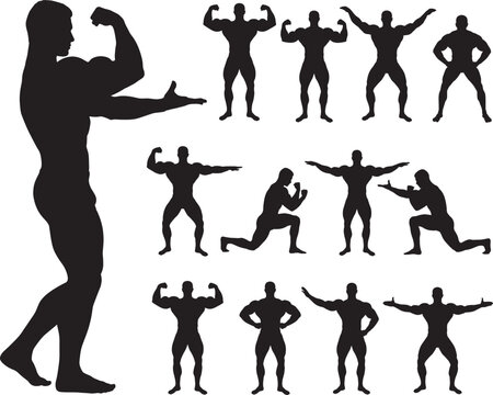 Bodybuilder silhouette collection showing diverse posing positions for bodybuilding competition fitness motivation gym branding and athletic muscle display.