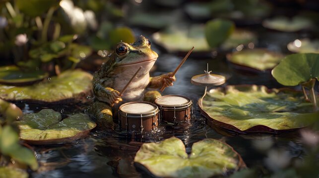 Frog playing drums on lily pads in a serene pond with surrounded lush greenery hyperrealistic frog instrument amphibian drumming surreal with animal