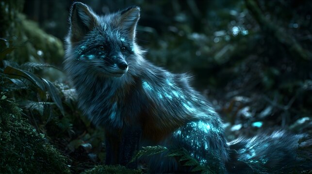 Glowing fox sits in dark forest surrounded by foliage with hyperrealistic fox bioluminescent bioluminescent fur sitting surrounded dense wildlife