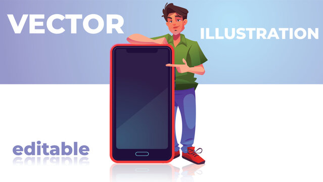Young Man Pointing at Large Smartphone Screen Illustration