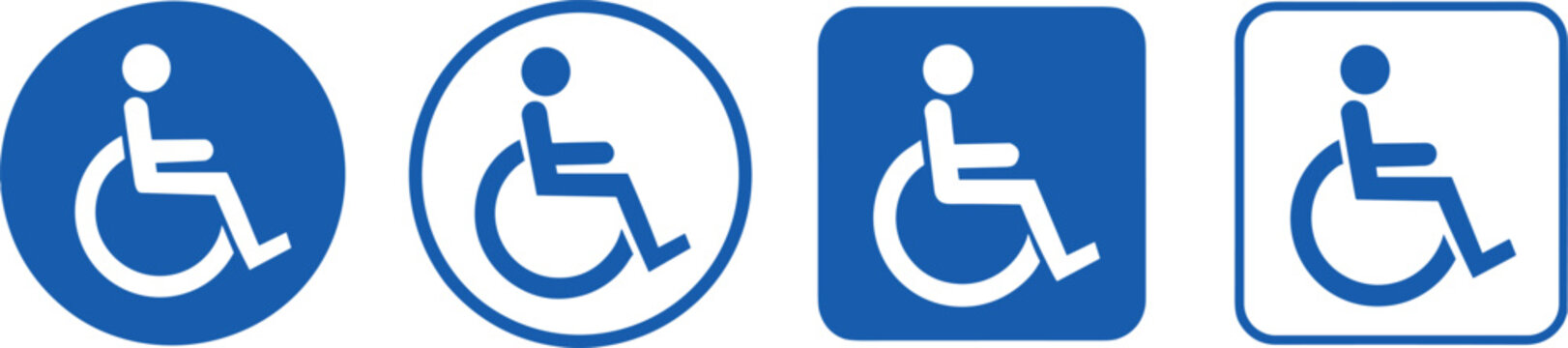 Blue wheelchair handicap icon vector set with accessibility signs for disabled people hospital parking and public restroom navigation element