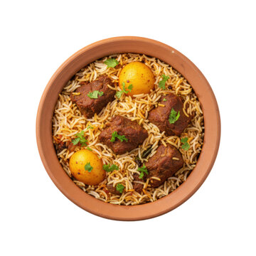 spicy mutton biryani featuring saffron basmati rice, tender meat chunks, and coriander garnish, served in a rustic clay handi, isolated on white, concept of authentic south asian cuisine