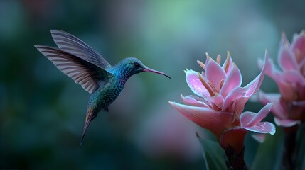 Fototapeta premium Hummingbird hovering near pink ginger flowers in flight with hummingbird mid air hovers near vibrant spread wide hovers wings spread wildlife