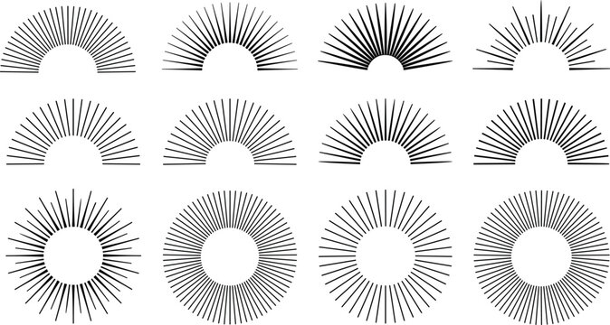 Vintage sunburst and half sun ray vector icon set geometric line art shapes isolated on white