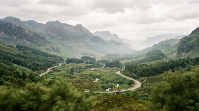 Winding road through green Glencoe valley in Scottish Highlands under cloudy sky