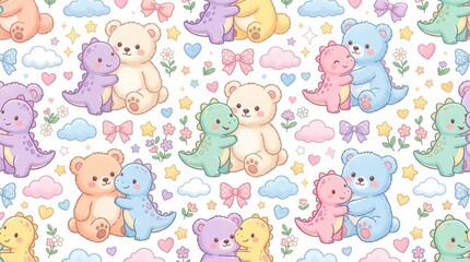 Fototapeta premium Adorable cartoon bears hug cute dinosaurs in a cheerful, repeating design with clouds and hearts