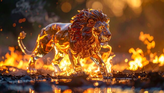 3D rendering of magnificent glowing golden fire elemental lion walking through burning flames mockup