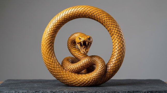 Carved wooden sculpture of a coiled cobra snake with open mouth, isolated on grey background