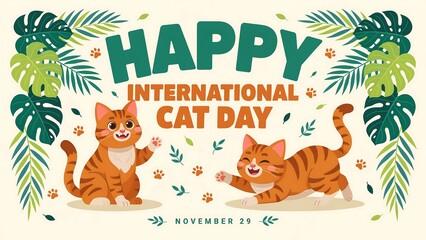 Fototapeta premium Happy International Cat Day poster with cute ginger cats