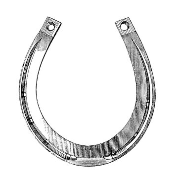 Therapeutic horseshoe with nail holes and open heel, old vintage illustration, 1889.