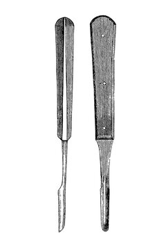 Hoof drill front and side views, with handle and threaded shaft, old vintage illustration, 1889.