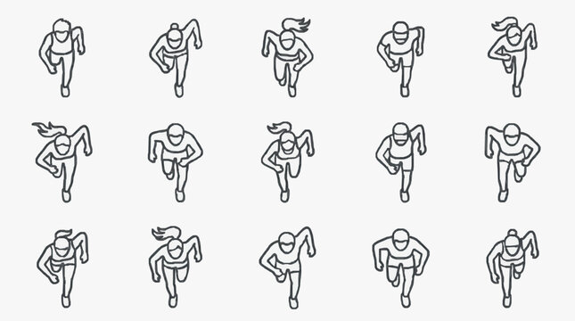 Minimalist Black and White Line Drawing Set of Running Athletes in Various Dynamic Poses for Sports Animation or Design Projects