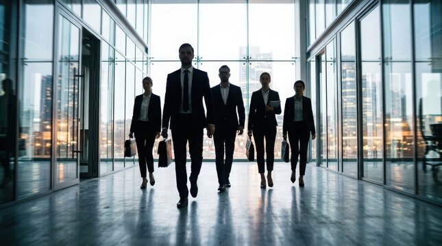 Business team in suits walking through a glass corridor of a corporate office building