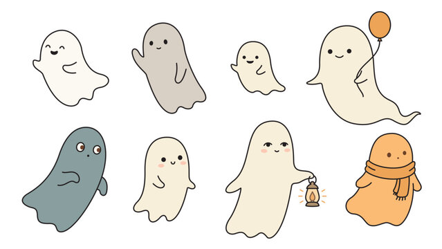 Various character of cute ghosts cartoon isolated