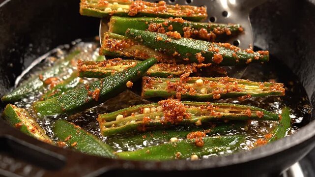 Lifting Fried Crispy Spiced Okra From Hot Oil With a Slotted Spoon