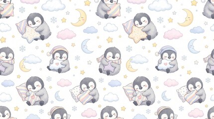 Obraz premium Baby penguins snooze, cuddling pillows and star cushions, surrounded by moons, stars, and clouds