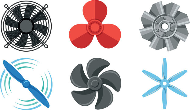 Industrial Fan and Propeller Blade Vector Set Featuring Cooling Radiator Electric Cooler Computer Fan Turbine and Airplane Propeller Icons for Mechanical Engineering Designs