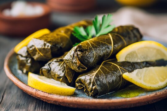 Dolma is a typical Greek dish. It consists of vine leaves rolled up and filled with meat, rice, peas, onions, and spices. Mediterranean cuisine.