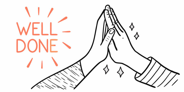 High five gesture with congratulatory text hand drawn line illustration
