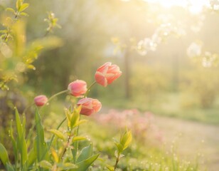 Obraz premium Beautiful pink tulips blooming in a sunlit garden during spring.