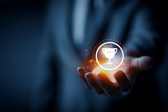 Trophies, along with concepts of success and business achievement awards.