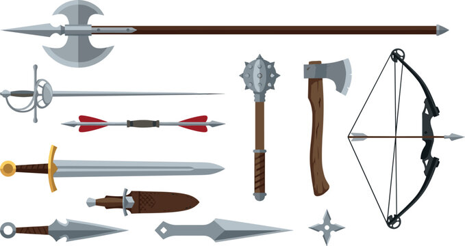 Medieval Weapon Vector Set Featuring Halberd Halberd Axe Broadsword Rapier Dagger Throwing Knife Mace Bow and Arrow Icons for RPG Video Game Design Assets
