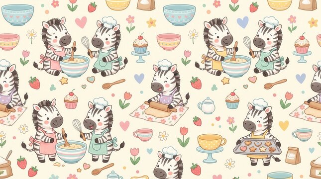 Cute zebras mix batter and bake cookies with chef hats and aprons in a playful kitchen
