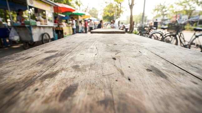 Close up view of weathered wooden table surface at outdoor market street food stalls blurred background bright sunlight dappled light on aged wood texture 