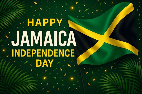 Jamaica Independence Day celebration background featuring the bold text Happy Jamaica Independence Day, vibrant black, green, and gold national colors, waving Jamaican flag, tropical palm leaves