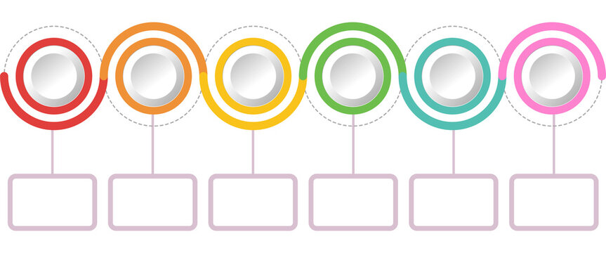 Colorful infographic template with six steps and blank text boxes for presentation