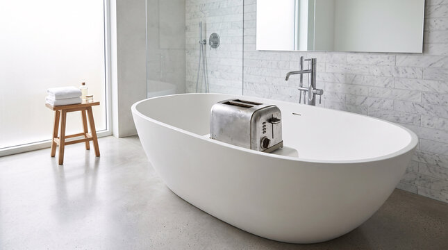 Grille-pain &eacute;lectrique plac&eacute; dans une baignoire blanche d&rsquo;une salle de bain moderne