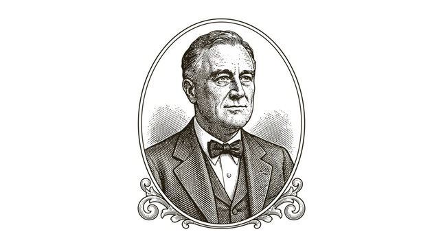 Vintage engraving illustration of Franklin Delano Roosevelt in an oval frame.