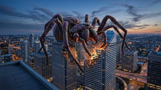 Araign&eacute;e g&eacute;ante dominant une ville moderne au cr&eacute;puscule