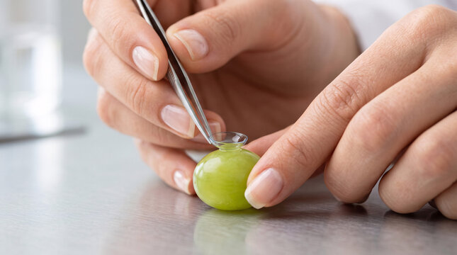 Pose d&rsquo;une lentille de contact sur un grain de raisin vert avec une pince