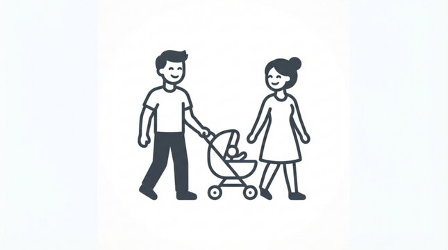 Family, parents, walking, stroller, baby, icon set, vector graphics