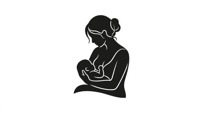 Mother Nursing Baby, Breastfeeding Illustration, Black Silhouette, Vector Icon, Parenting Symbol