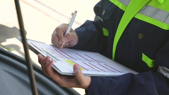 A mechanic holding a pen and writing on a vehicle inspection form checklist on a clipboard, with an open car engine compartment in the background. Close-up with selective focus.